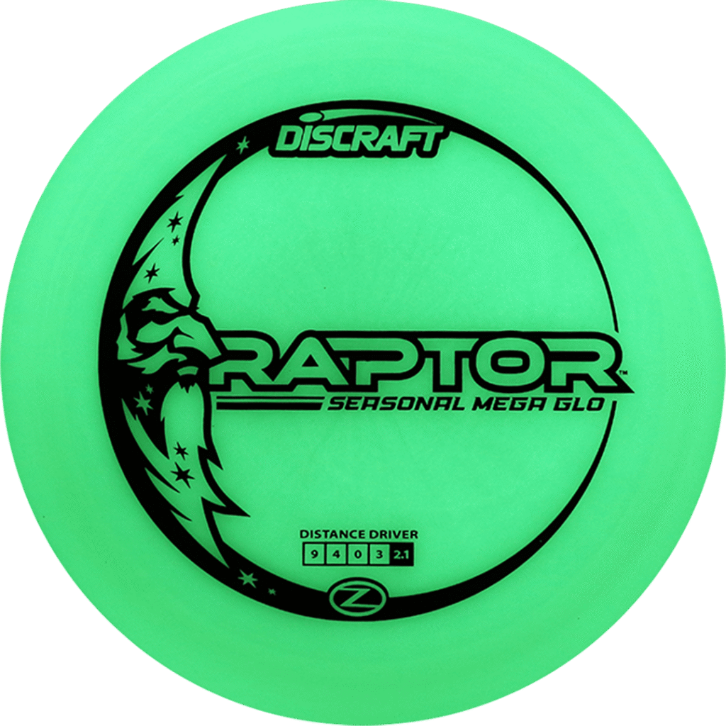 Discraft Raptor in Z plastic Mega Glo edition for enhanced visibility on the course.