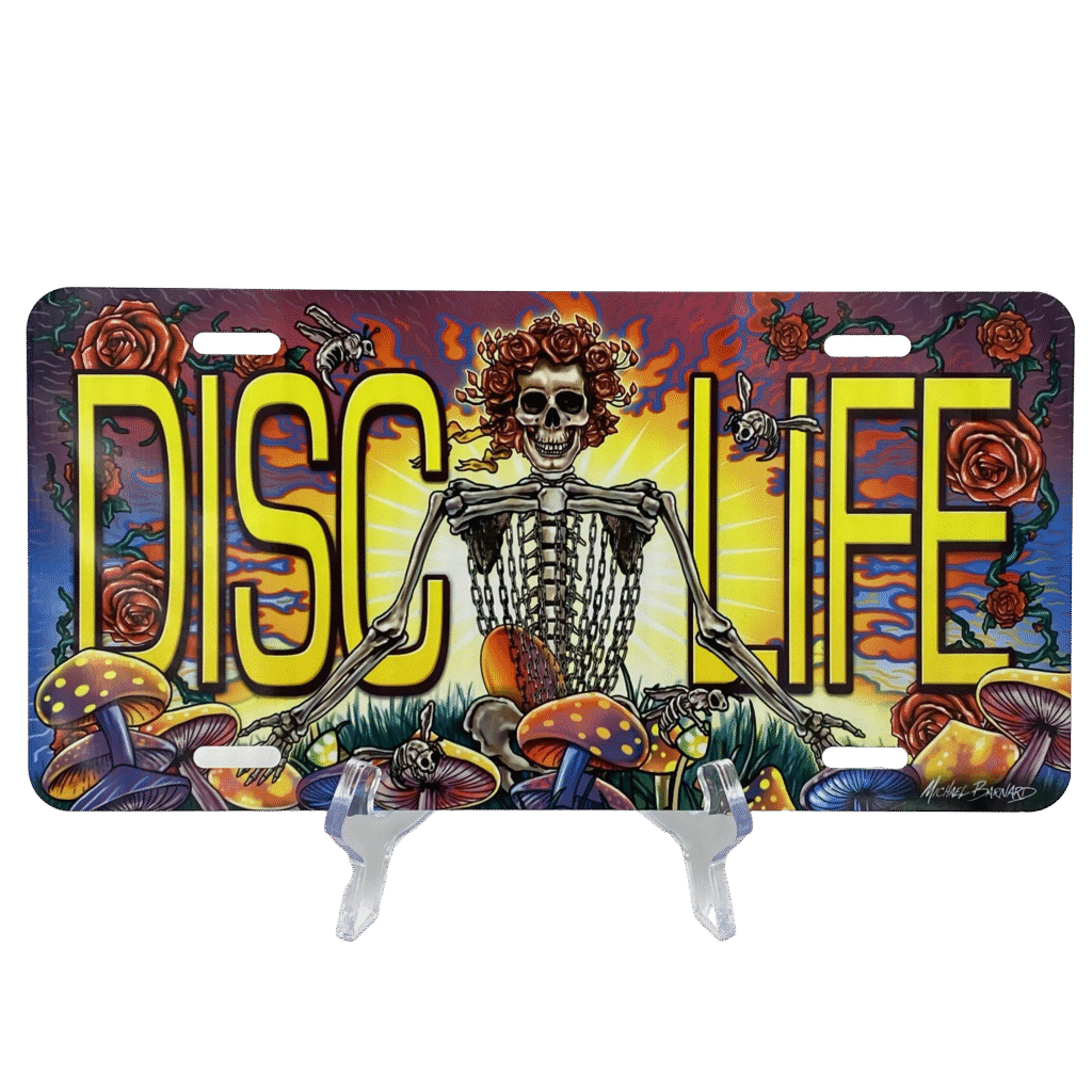 Multicolor Disc Life Mike Barnard Art Car Register Plate accessory for disc golf enthusiasts.