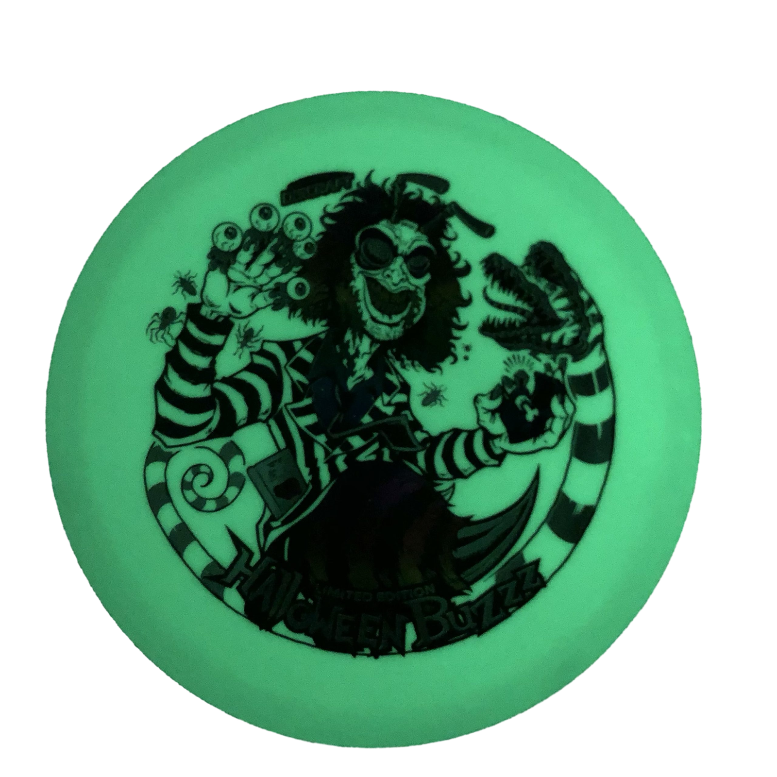 Side profile of Discraft Glo Triple Foil Buzzz with Halloween design