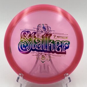 Top view of pink Discraft Stalker in Z Metallic plastic - 2023 Ben Callaway Special Edition with a distinctive foil stamp.