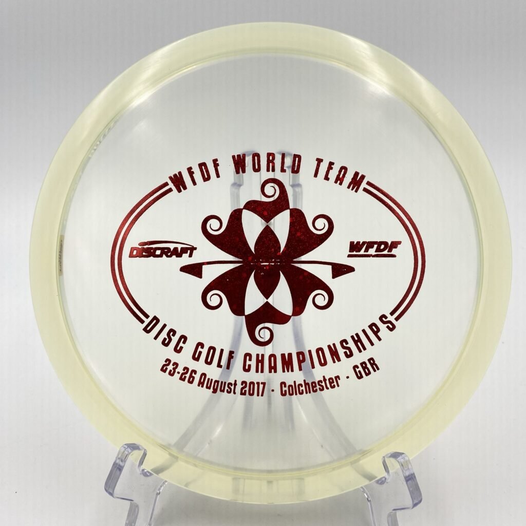 Top view of translucent CryZtal Z Discraft Buzzz in Special Edition plastic from the 2017 WFDF Championships.