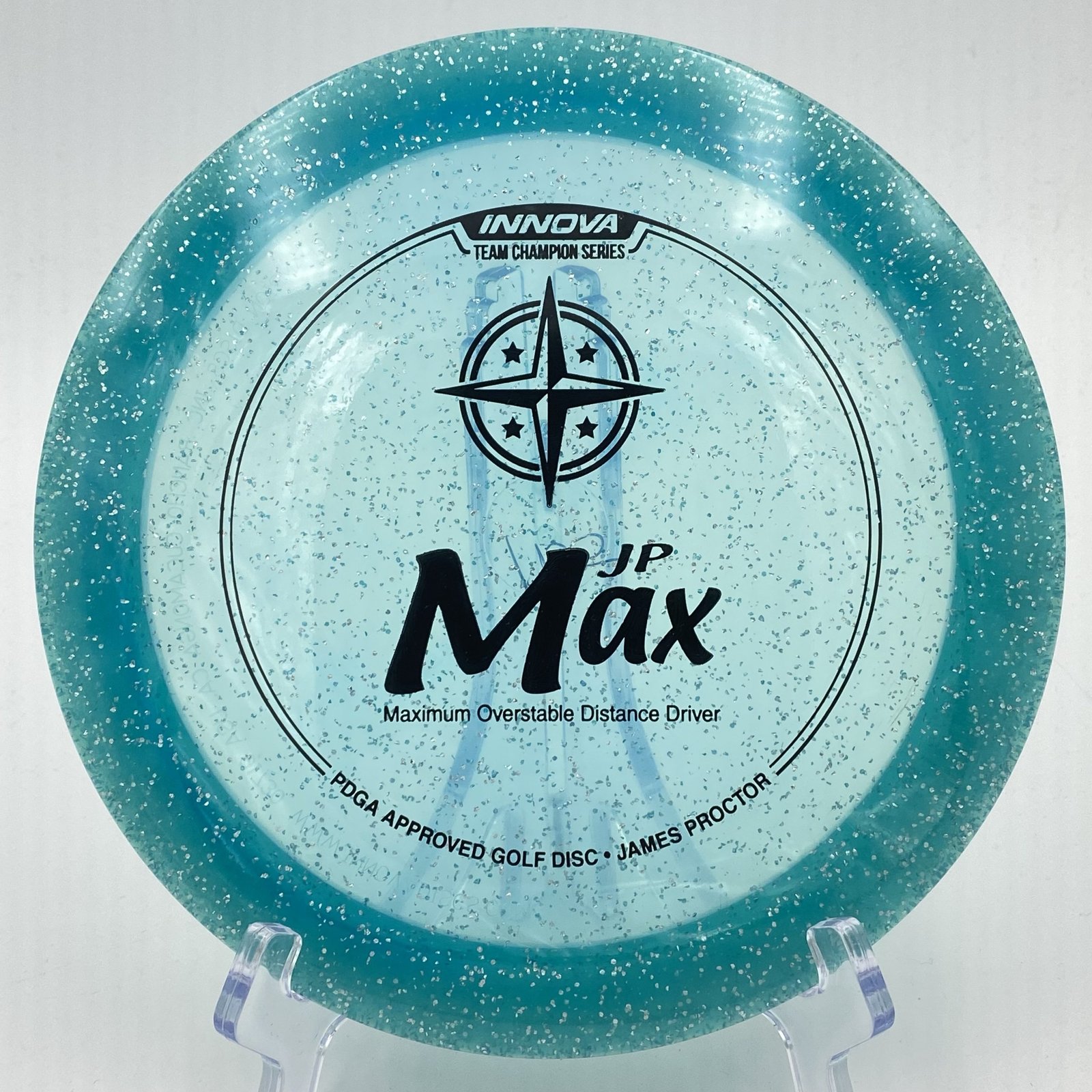 Top view of blue-turquoise Innova Metal Flake Champion Max in durable plastic 2022 Tour Series.