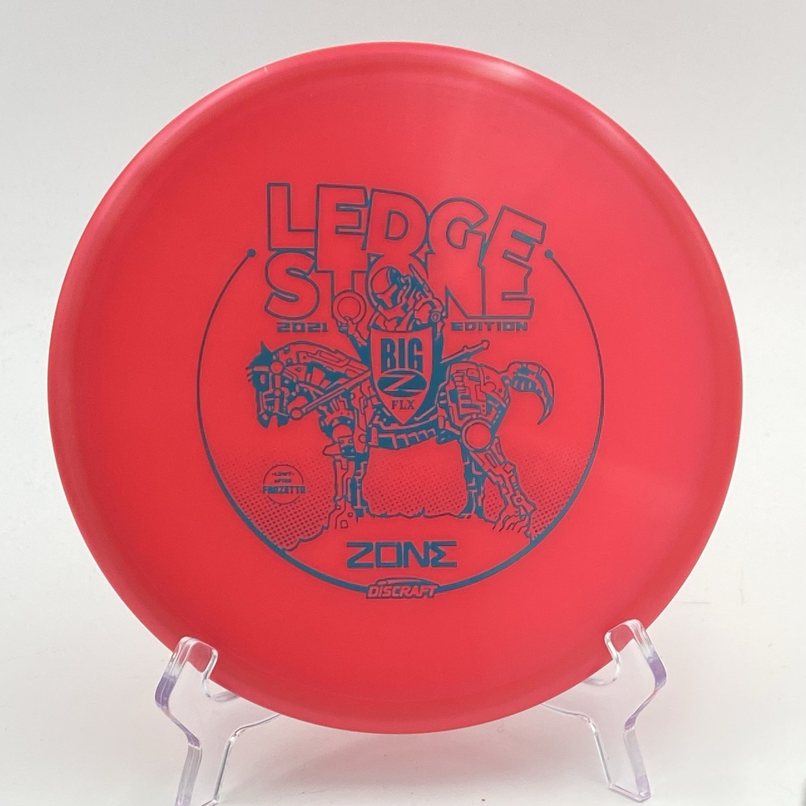 Top view of vibrant red Discraft Big Z FLX Zone in 2021 Ledgestone Edition with silver foil stamp.