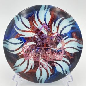 Top view of blue Discraft Buzzz OS in Z plastic Scott Withers Tour Series with dark star dye.
