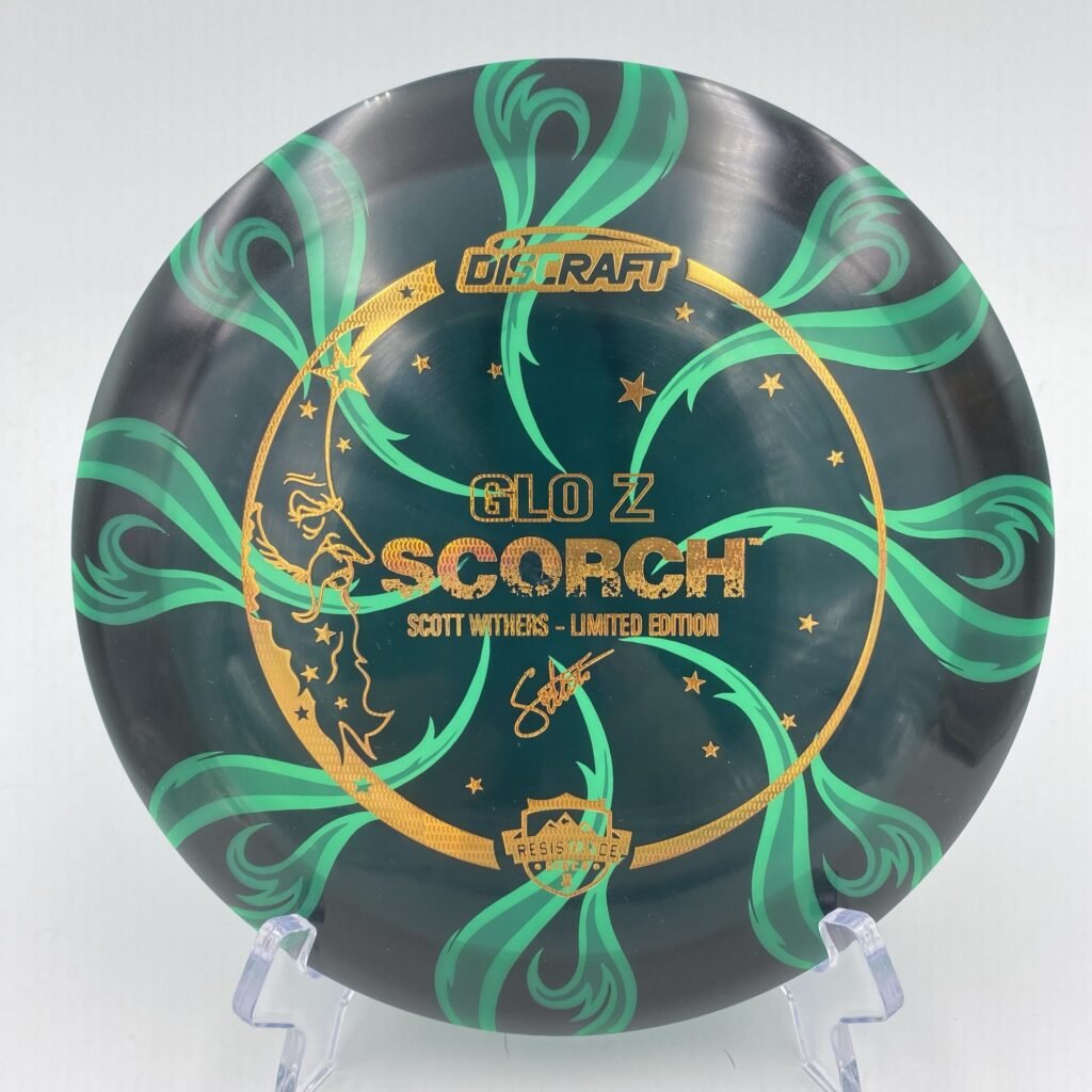 Top view of dark star dyed Glo Z Discraft Scorch in limited edition plastic.