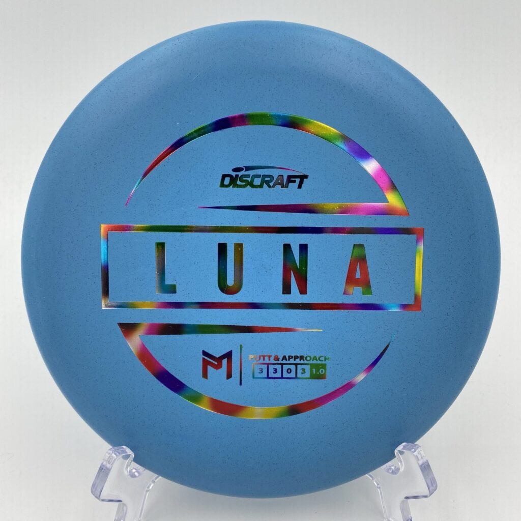 Top view of blue Discraft Luna in standard plastic - 6x Paul McBeth edition.