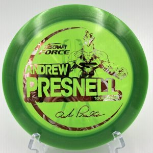 Top view of green Discraft Metallic Z Force - 2021 Andrew Presnell Tour Series with silver foil stamp.