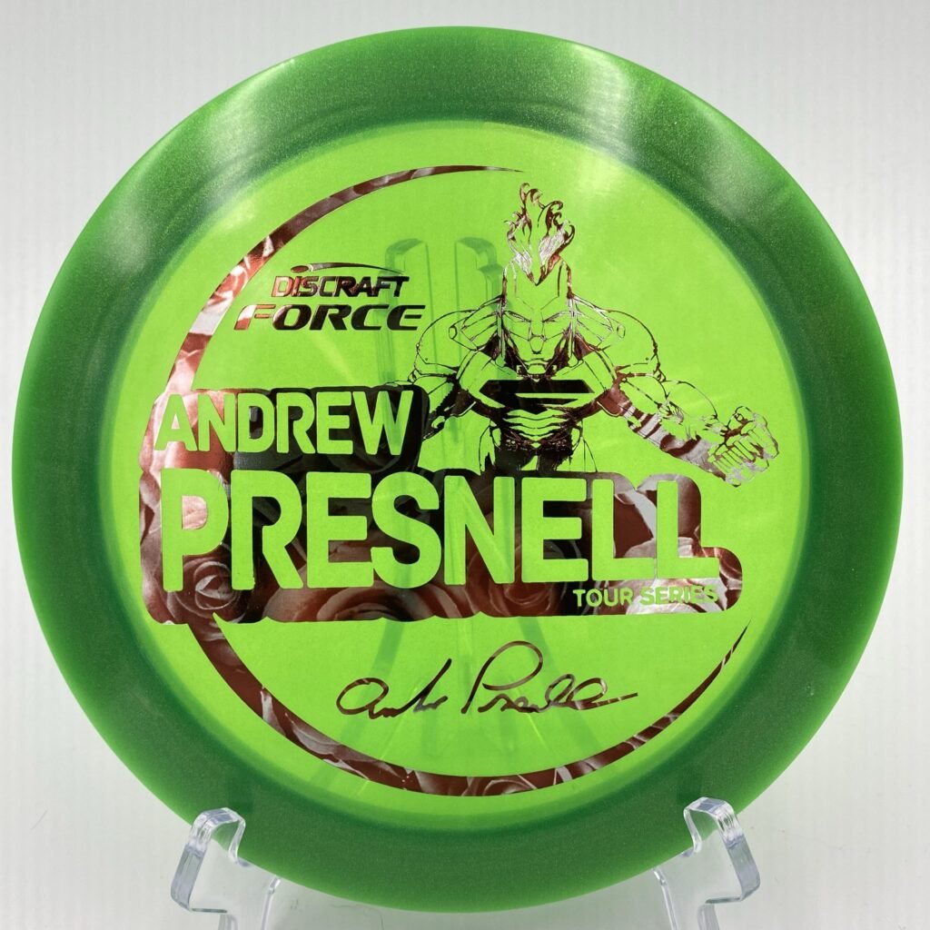 Top view of metallic gray Discraft Force in Metallic Z plastic 2021 Andrew Presnell Tour Series.
