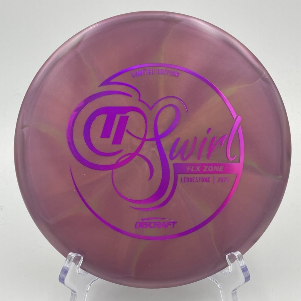 Top view of purple-green swirl Discraft Zone in FLX plastic - 2021 Ledgestone Edition.