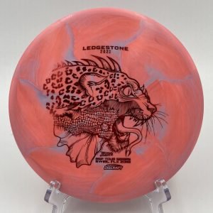 Top view of orange-pink swirl Discraft ESP Swirl FLX Zone in Tour Series 2022 Ledgestone plastic.