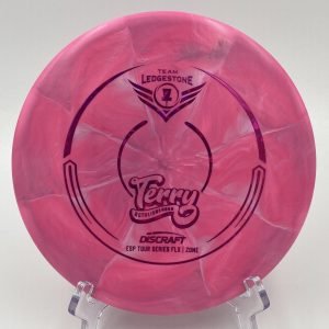 Top view of pink Discraft ESP Swirl FLX Zone - Tour Series with silver foil stamp.