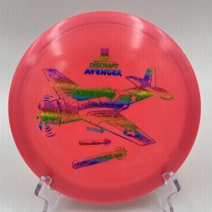 Top view of vibrant pink-red Discraft Avenger in Big Z plastic - 2021 Ledgestone Edition with silver foil stamp.