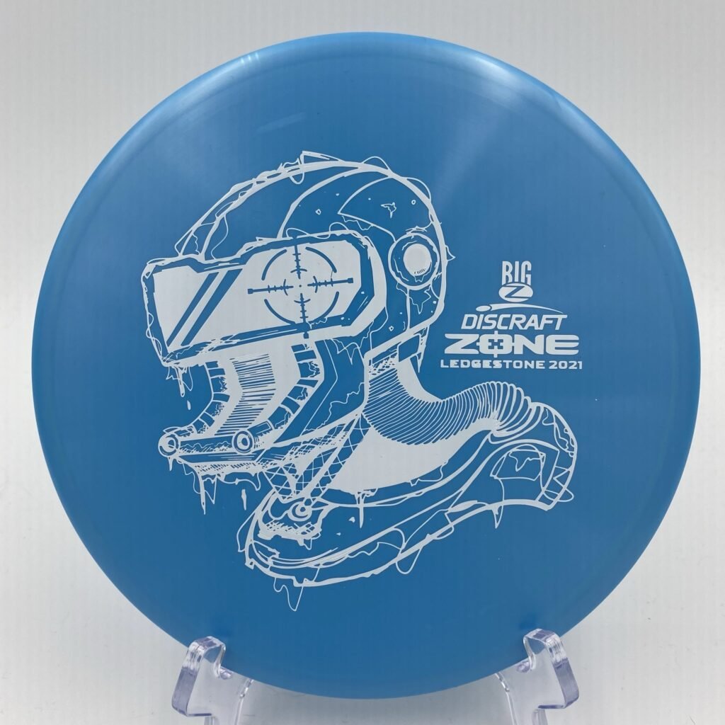 Top view of blue Discraft Zone in Big Z plastic - 2021 Ledgestone Edition with silver foil stamp.