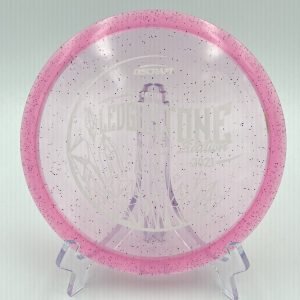 Top view of pink Discraft Buzzz SS in CryZtal Sparkle plastic - 2021 Ledgestone Edition with silver foil stamp.