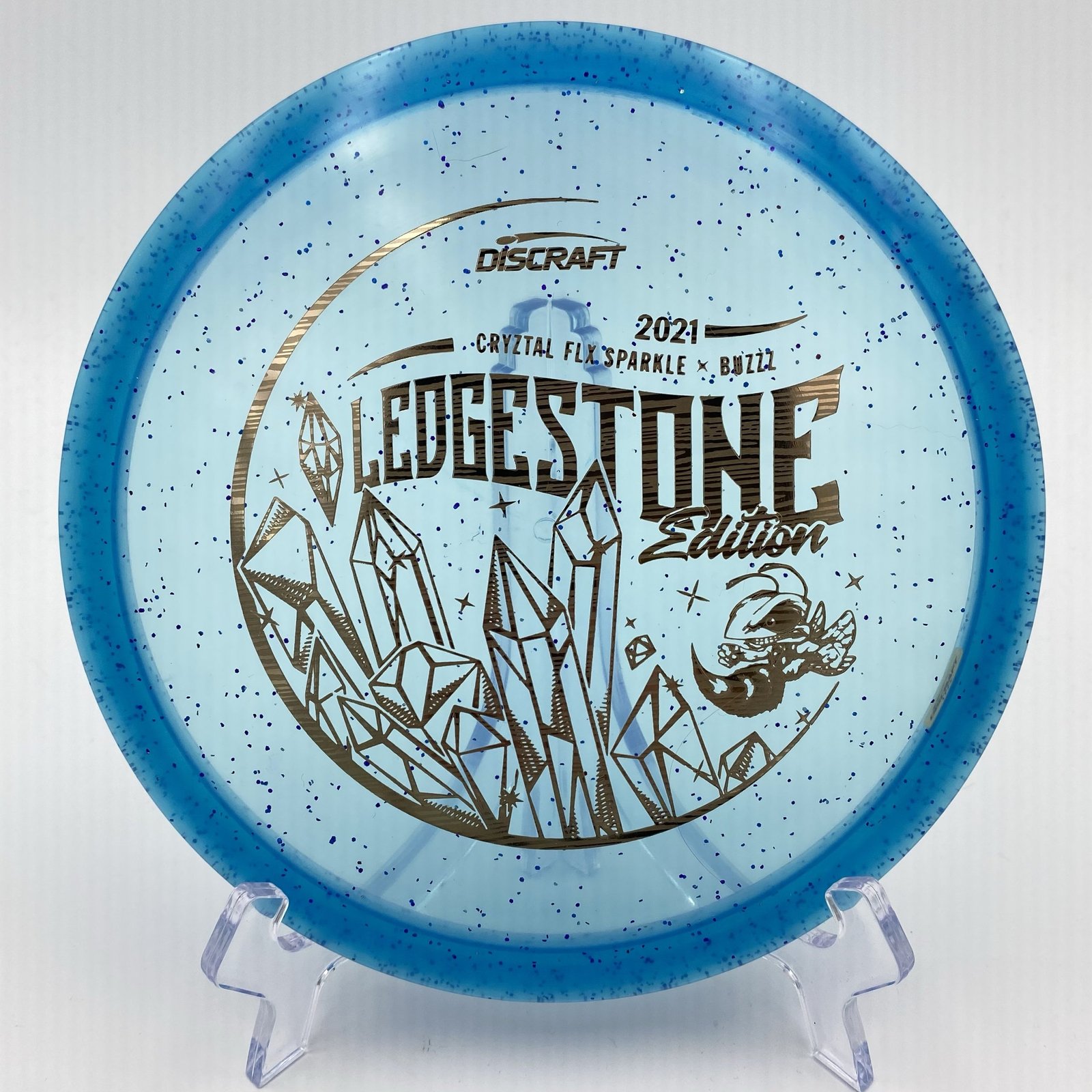 Main view of sparkling blue Discraft Buzzz in CryZtal FLX plastic - 2021 Ledgestone Edition with shimmering finish.