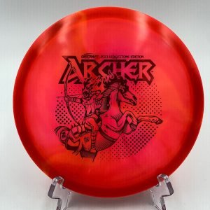 Top view of the vibrant Z Swirl Discraft Archer in 2023 Ledgestone Edition plastic for enhanced visibility on the course.