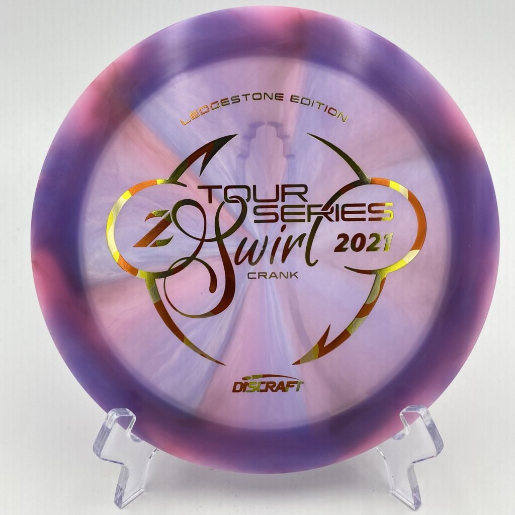 Top view of green Discraft Z Swirl Crank in Z plastic 2021 Ledgestone Tour Series Edition.