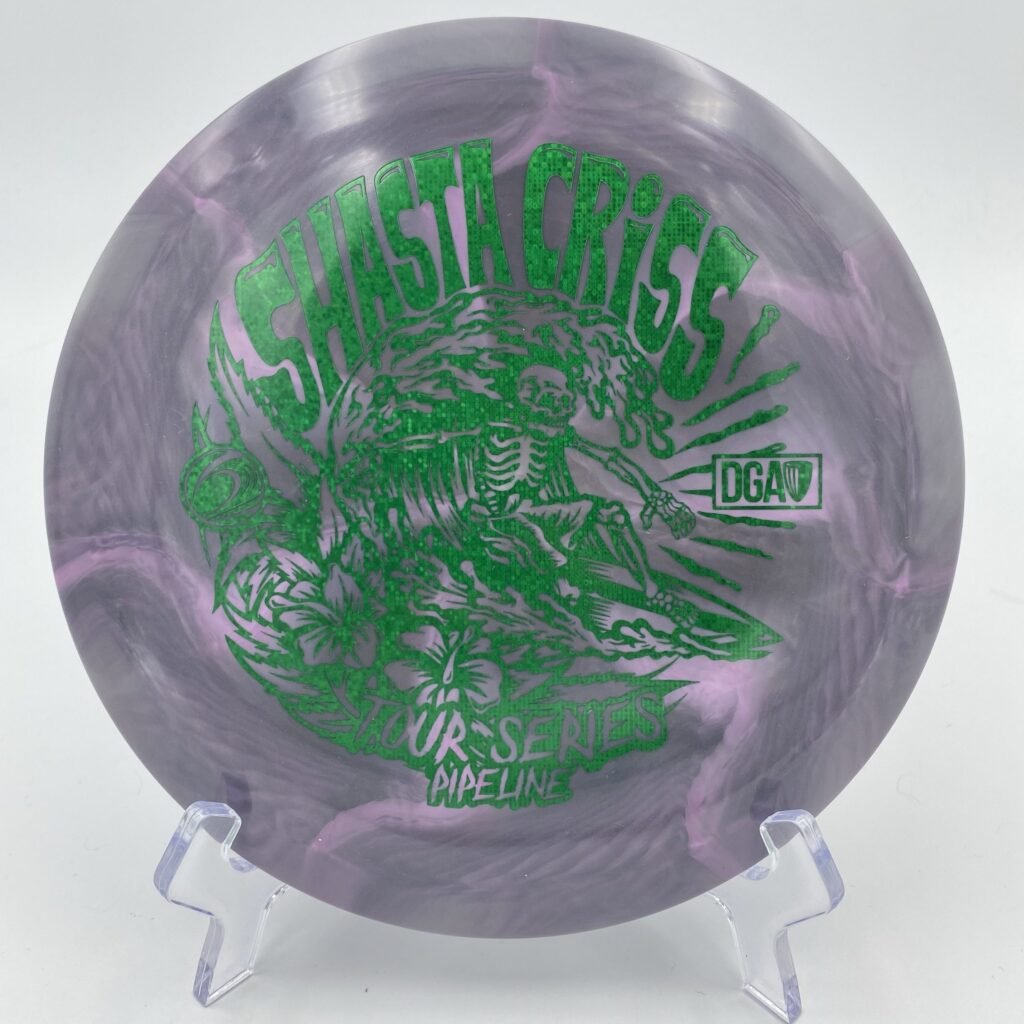Top view of translucent swirl DGA Pipeline in ProLine plastic 2022 Tour Series with colorful design.