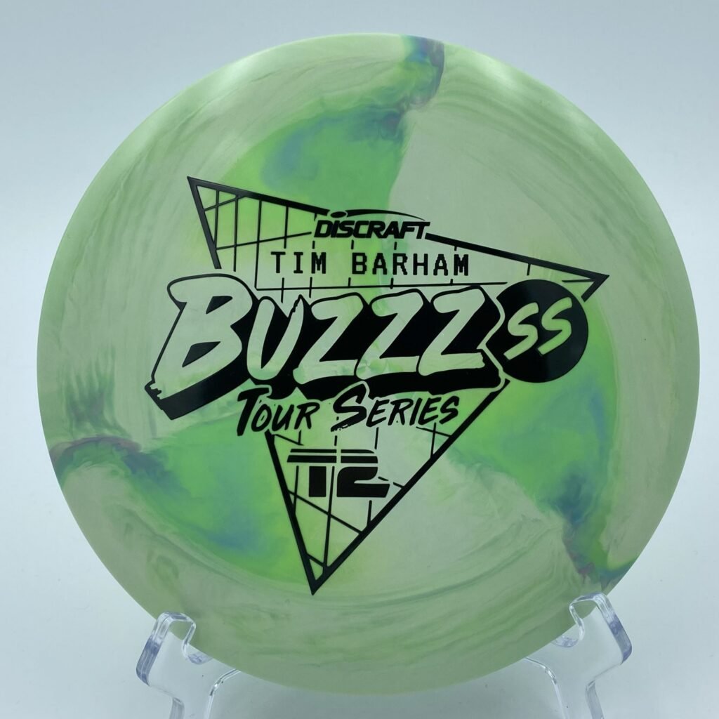 Top view of vibrant swirl blue Discraft Buzzz SS in ESP plastic Tim Barham 2022 Tour Series Edition.