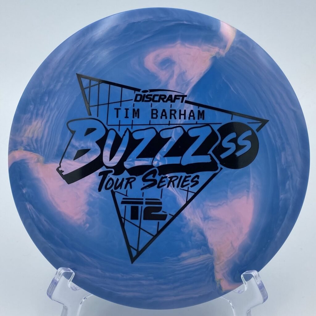 Top view of blue Discraft Buzzz SS in ESP Swirl plastic - 2022 Tim Barham Tour Series.