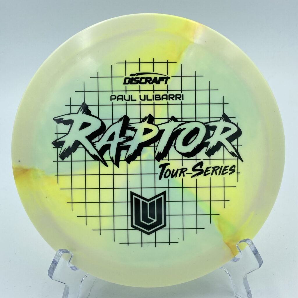 Main view of green Discraft ESP Swirl Raptor in 2022 Paul Ulibarri Tour Series with vibrant swirl pattern.