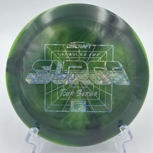 Top view of the colorful Discraft ESP Swirl Surge in 173-174g plastic, 2022 Tour Series featuring Chandler Fry's signature design.