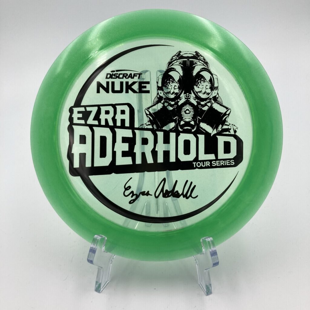 Top view of metallic blue Discraft Nuke in Metallic Z plastic 2021 Ezra Aderhold Tour Series with unique artwork.