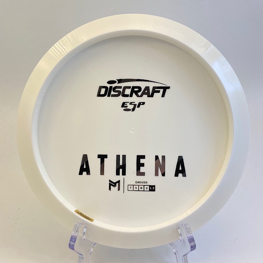 Main view of white Discraft Athena in ESP plastic featuring a bottom stamp.