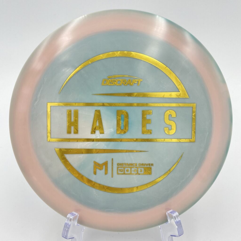 Top view of swirly patterned blue Discraft Hades in ESP plastic with 6x Paul McBeth signature.