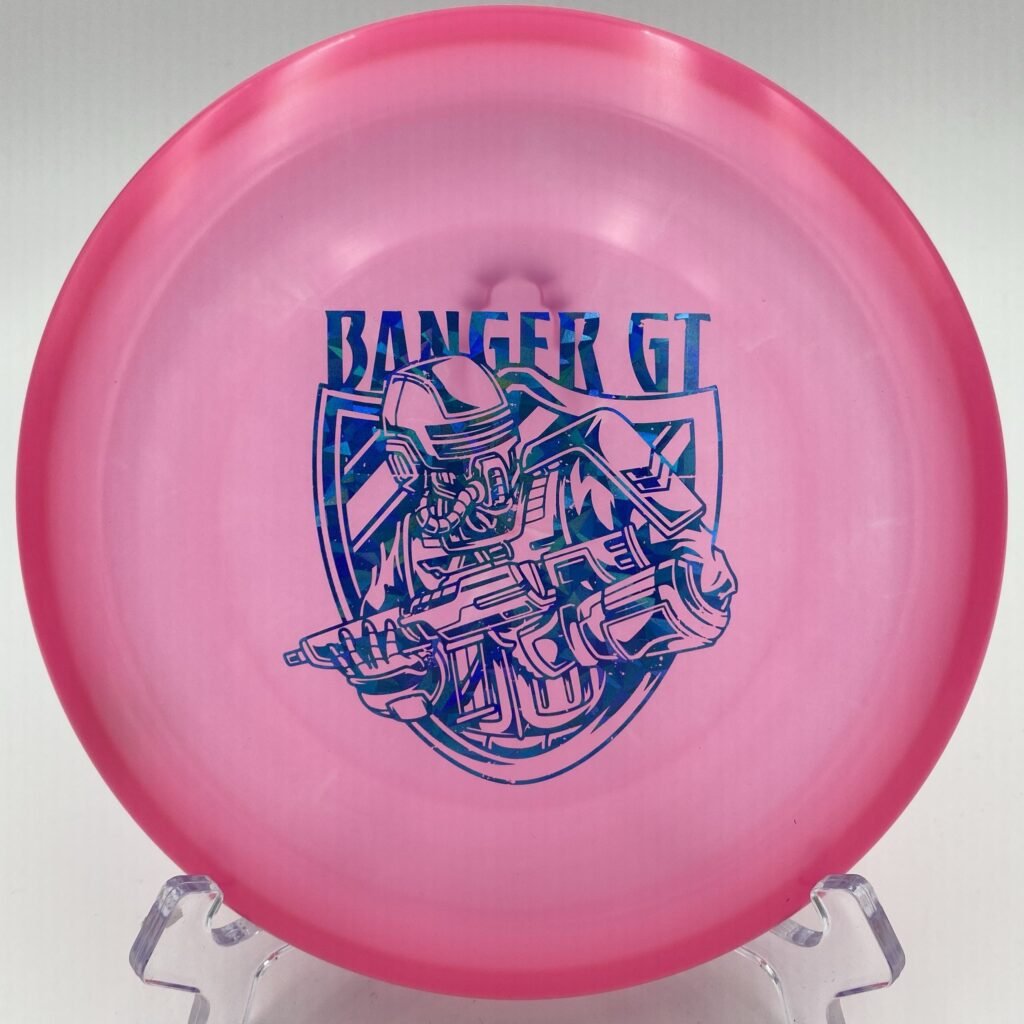 Top view of glowing green Discraft Banger GT in Z Glo plastic with detailed robot shield design.