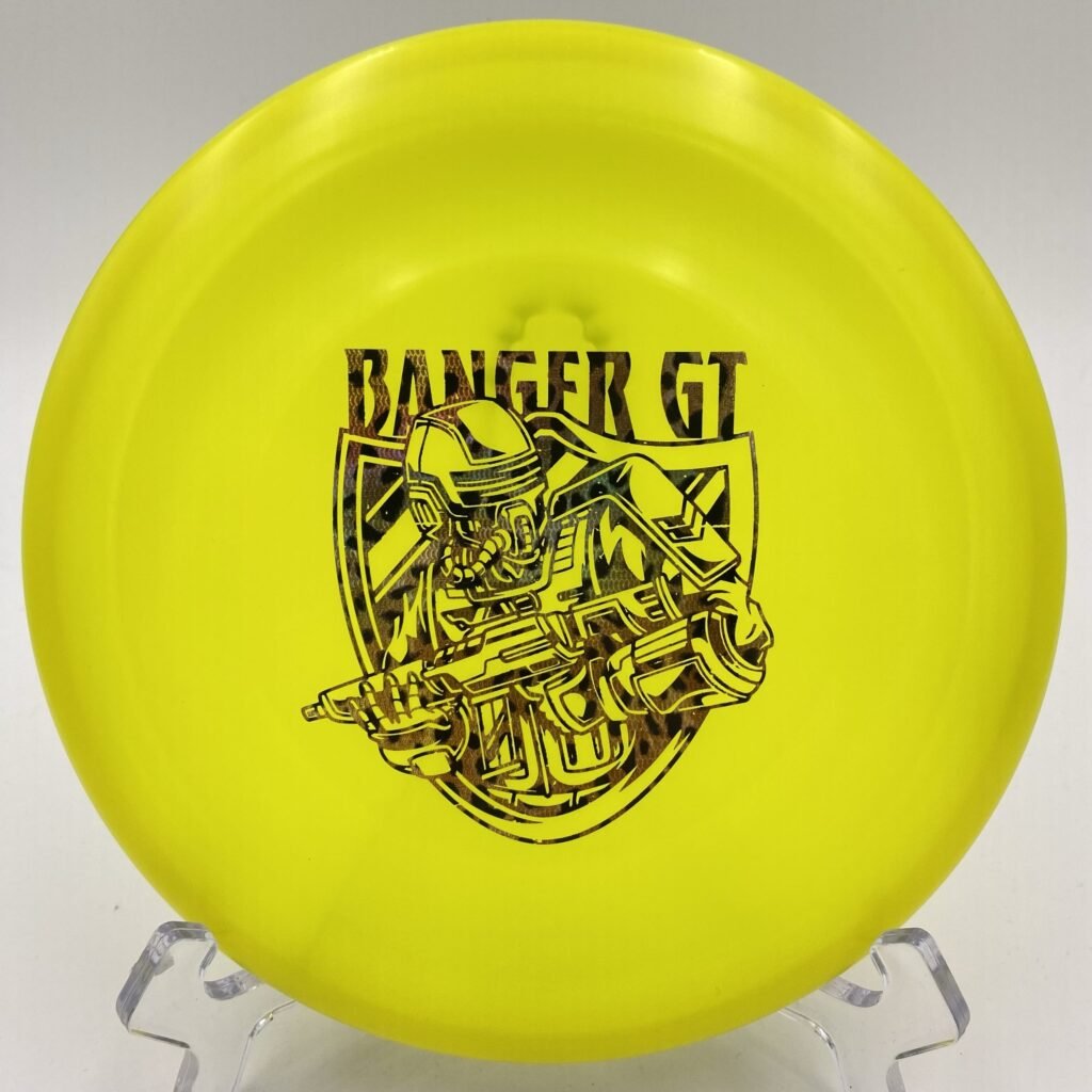 Top view of luminous green Discraft Z Glo Banger GT in Z plastic with Robot Shield design.