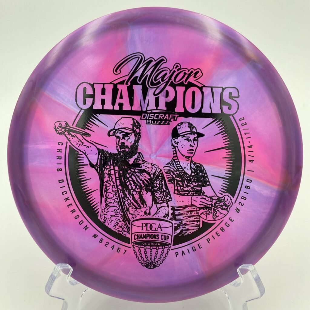Top view of the vibrant Z Swirl Discraft Buzzz in Limited Edition plastic for the 2022 Champions Cup.