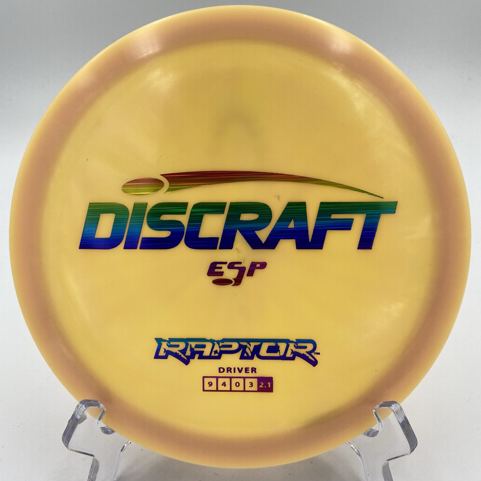 Top view of swirly colored Discraft Raptor in ESP plastic.