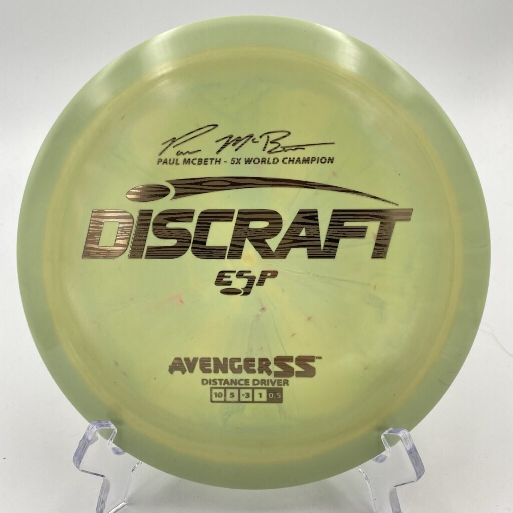 Top view of bright yellow Discraft Avenger SS in ESP plastic Paul McBeth 5x Edition.