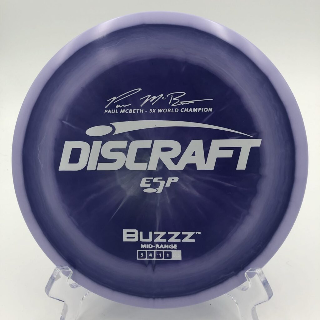 Top view of swirly blue Discraft Buzzz in ESP plastic 5x Paul McBeth Edition.