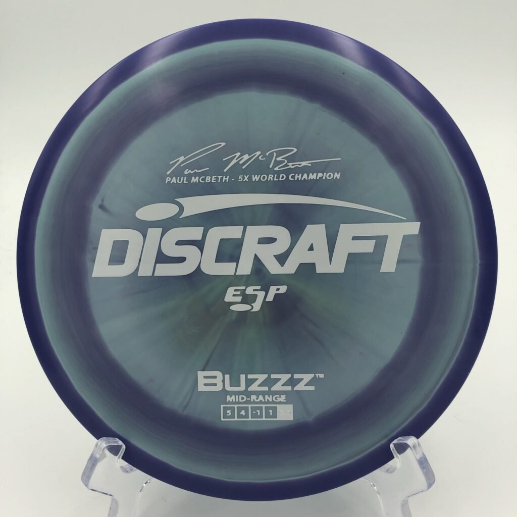 Top view of swirly purple Discraft Buzzz in ESP plastic, 5x Paul McBeth edition.