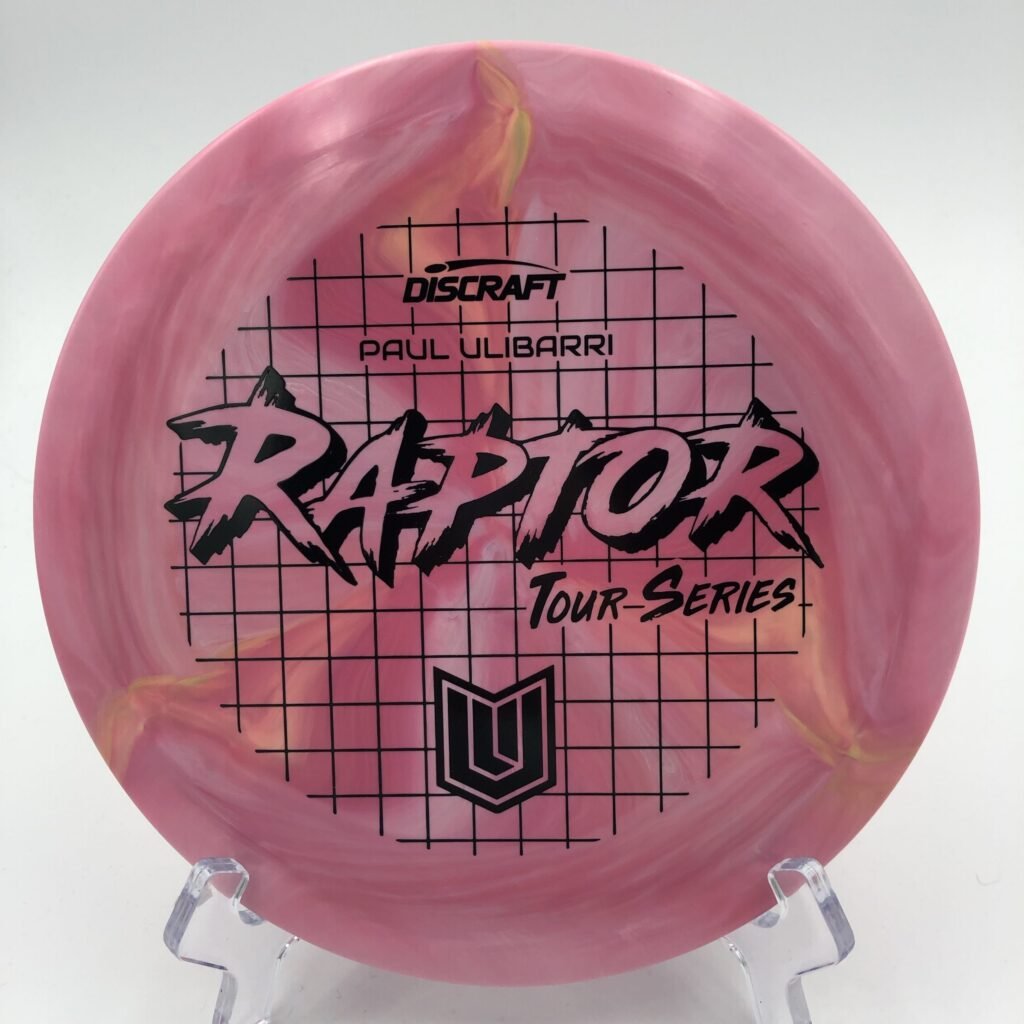 Main view of blue Discraft Raptor in ESP Swirl plastic - 2022 Paul Ulibarri Tour Series with unique swirl pattern.