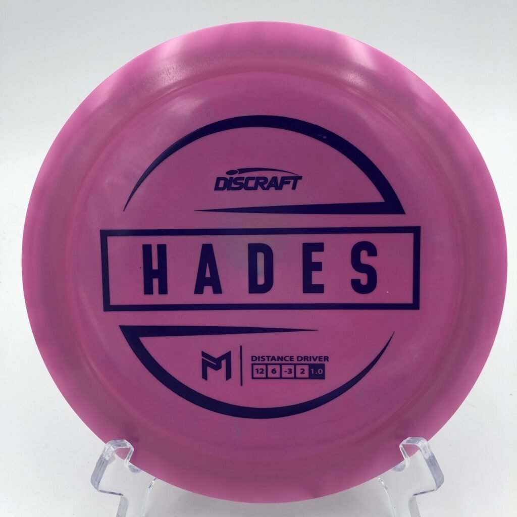 Main view of swirly green Discraft Hades in ESP plastic featuring the 6x Paul McBeth stamp.