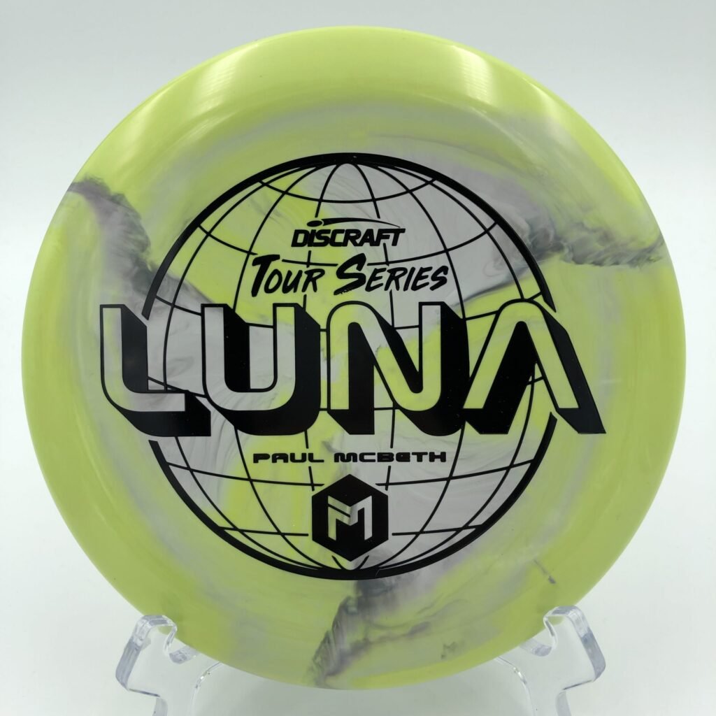 Top view of purple Discraft Luna in ESP Swirl plastic - 2022 Paul McBeth Tour Series.