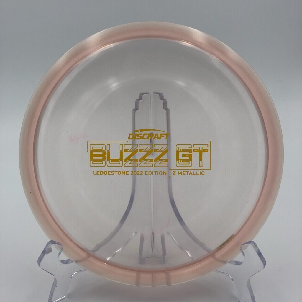 Top view of metallic green Discraft Buzzz GT in Z Metallic plastic - 2022 Ledgestone Edition with silver foil stamp.
