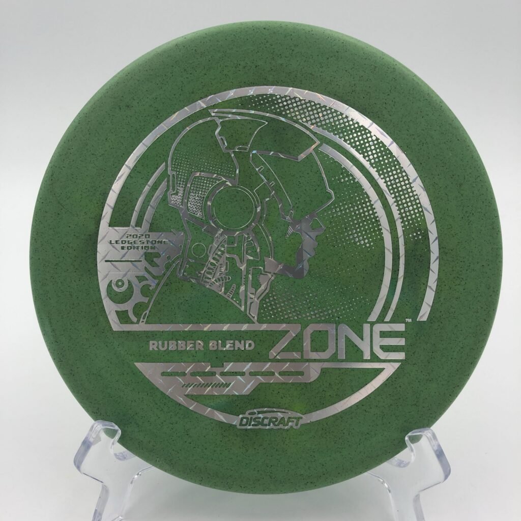 Top view of orange Discraft Zone in Rubber Blend plastic 2020 Ledgestone Edition with vibrant foil stamp.