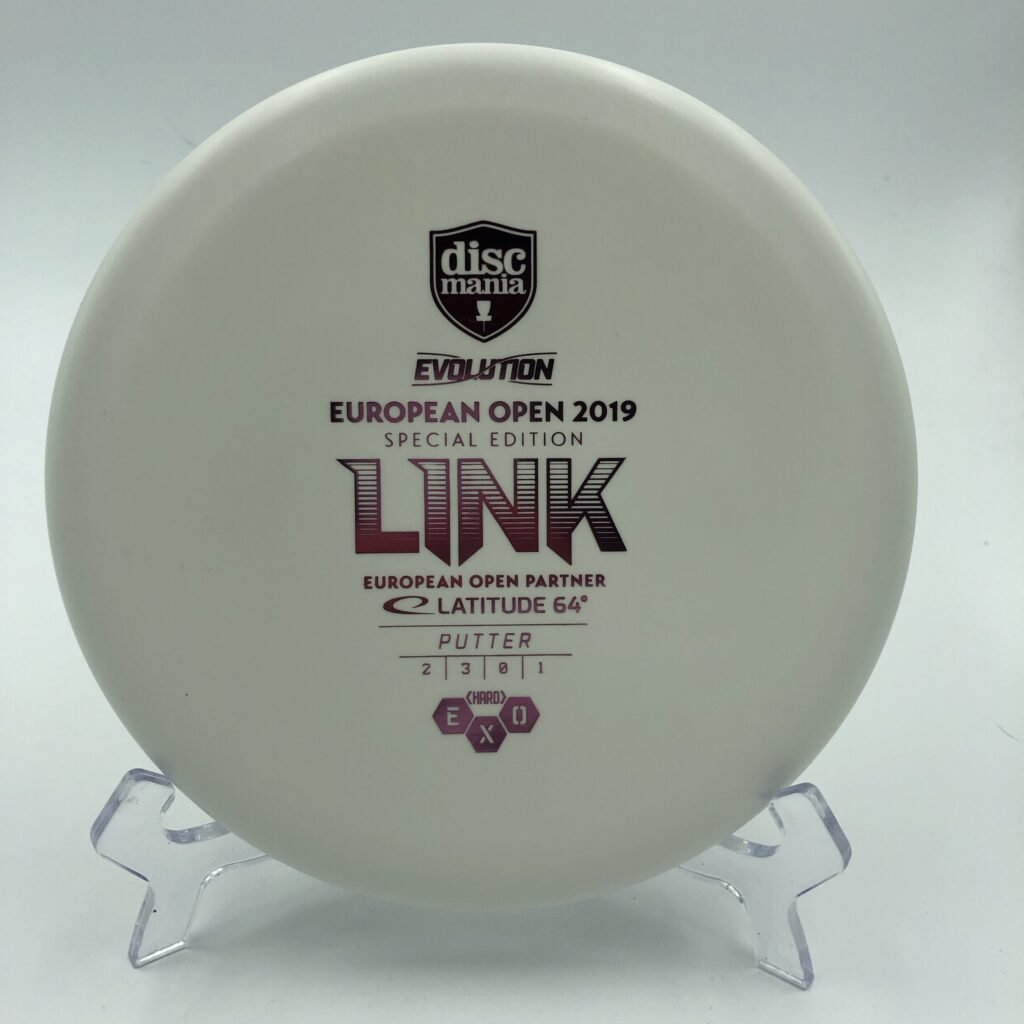 Top view of white Discmania Hard Exo Link in European Open Special Edition plastic.
