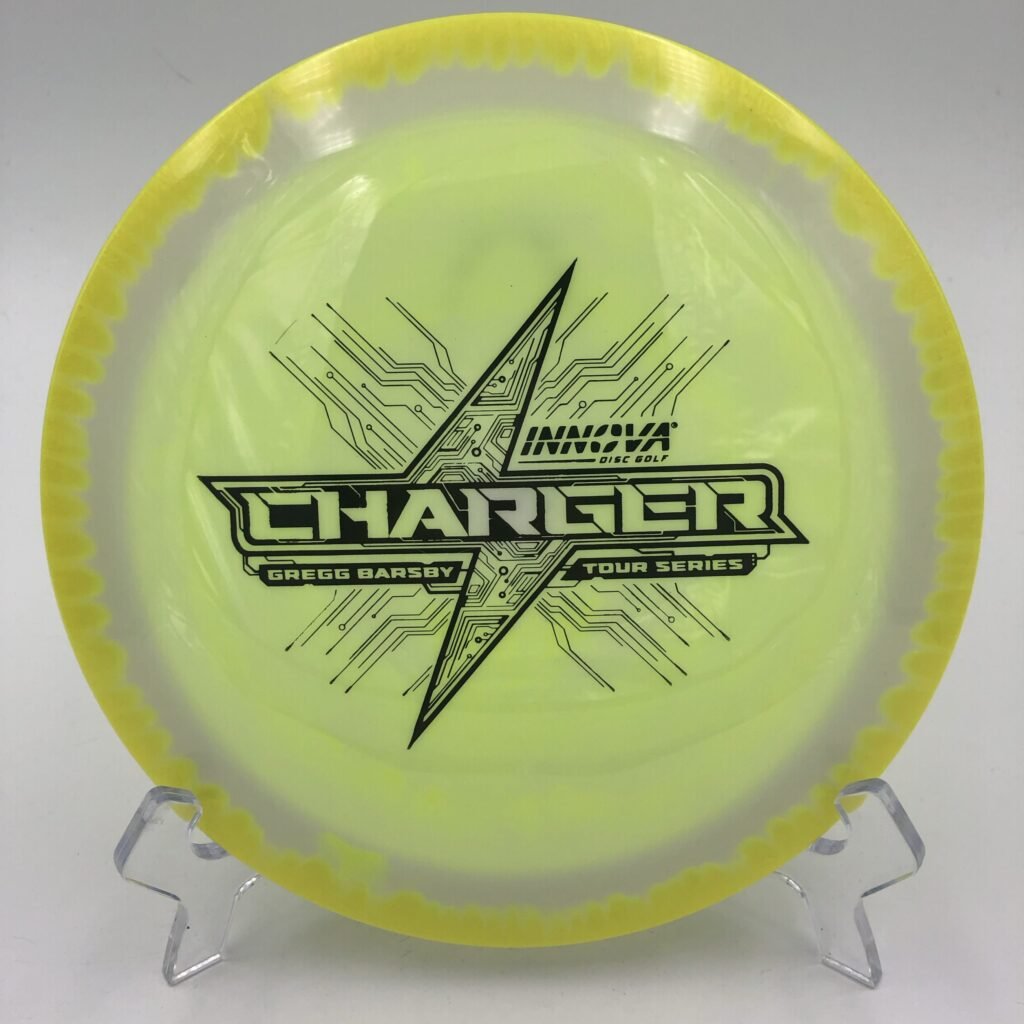 Top view of the bright yellow Innova Charger in Star plastic from the Gregg Barsby Tour Series.