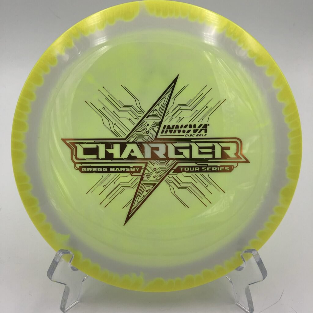 Top view of vibrant blue Innova Charger in Star plastic from the Gregg Barsby Tour Series.