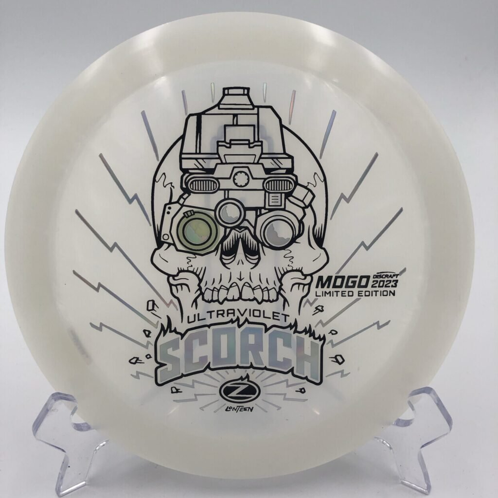 Top view of vibrant ultraviolet Discraft Scorch in Z plastic Limited Edition MDGO with a premium finish.