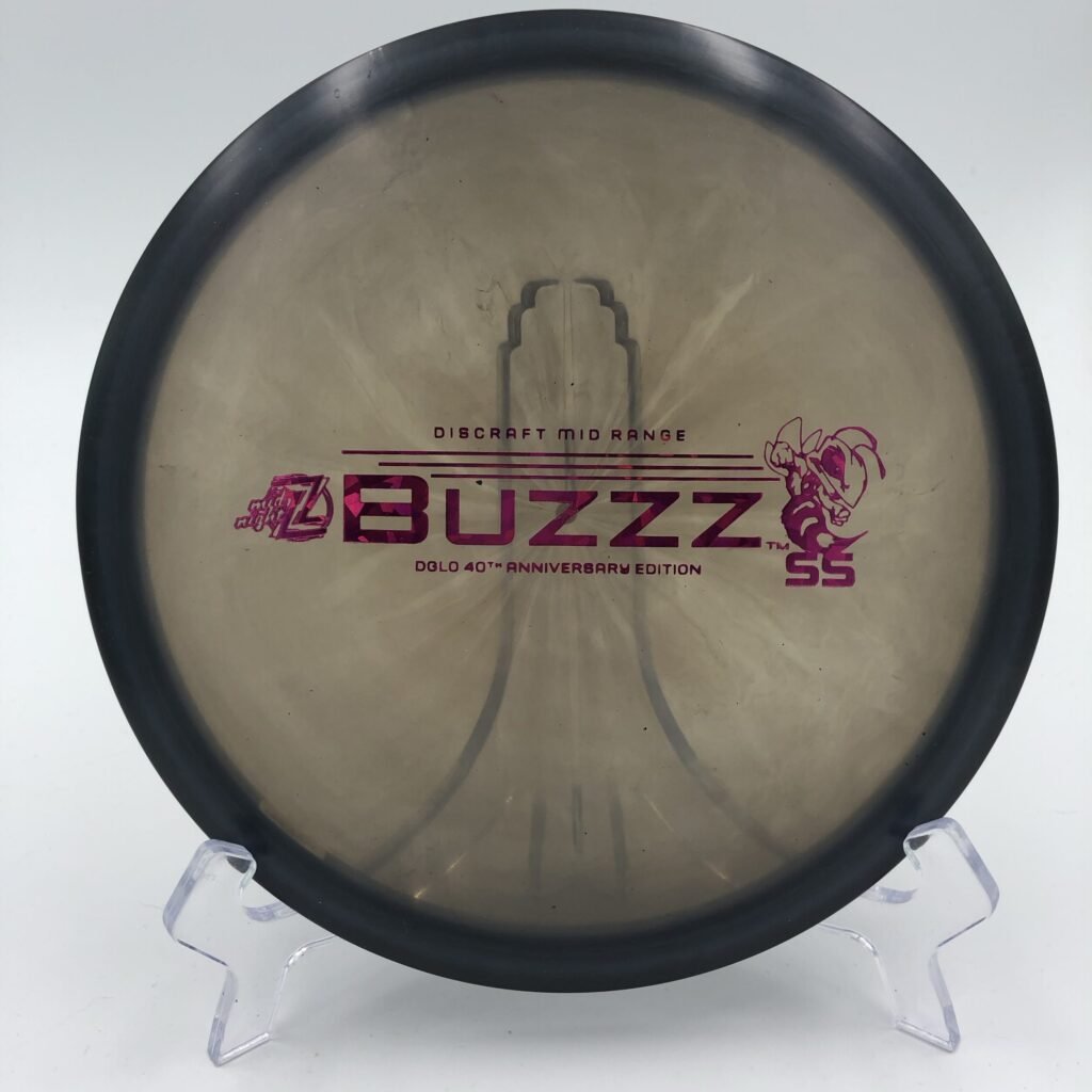 Top view of black Discraft Buzzz SS in Z plastic 40TH Anniversary Edition with vibrant foil stamp.