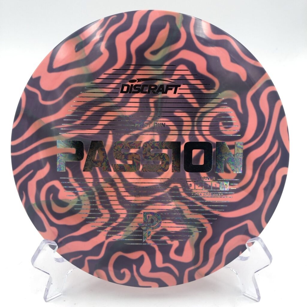 Top view of dark star dyed blue Discraft Passion in ESP plastic First Run edition.