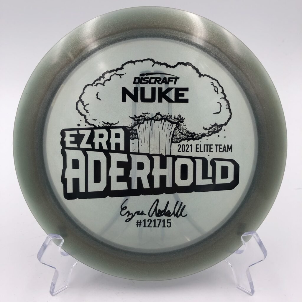 Top view of metallic Discraft Nuke in Metallic Z plastic - 2021 Ezra Aderhold Elite Team edition.