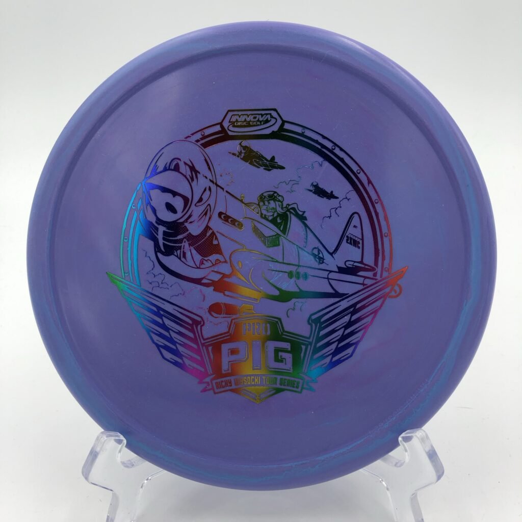 Top view of glowing green Innova Pro Pig in Glow plastic - 2021 Ricky Wysocki Tour Series.