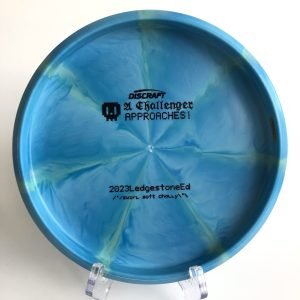 Top view of colorful swirl Discraft Challenger in Soft plastic - 2023 Ledgestone Edition with detailed stamping.
